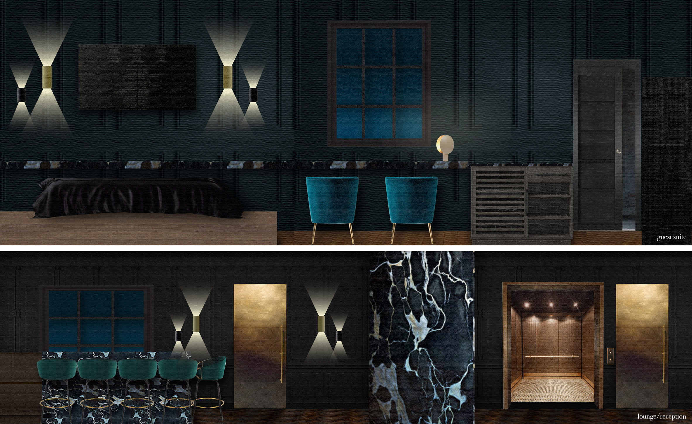 Elevations of various rooms of a hotel interior with midnight blue and gold accents
