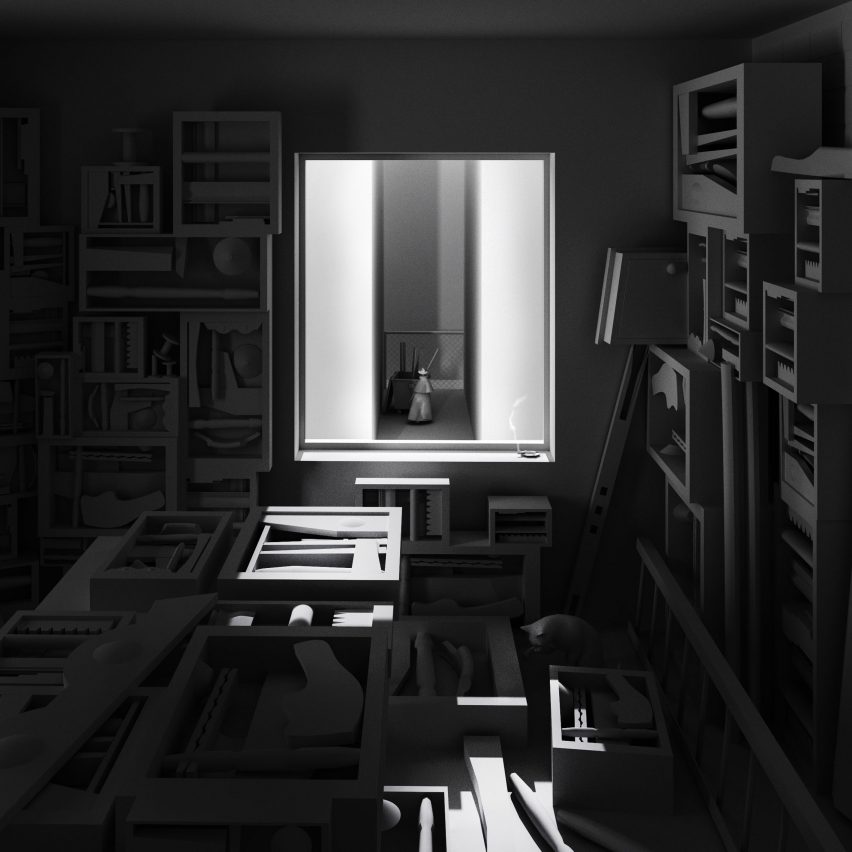 Visualización que muestra el estudio de un artista con una ventana en la parte trasera que muestra al artista en un callejón