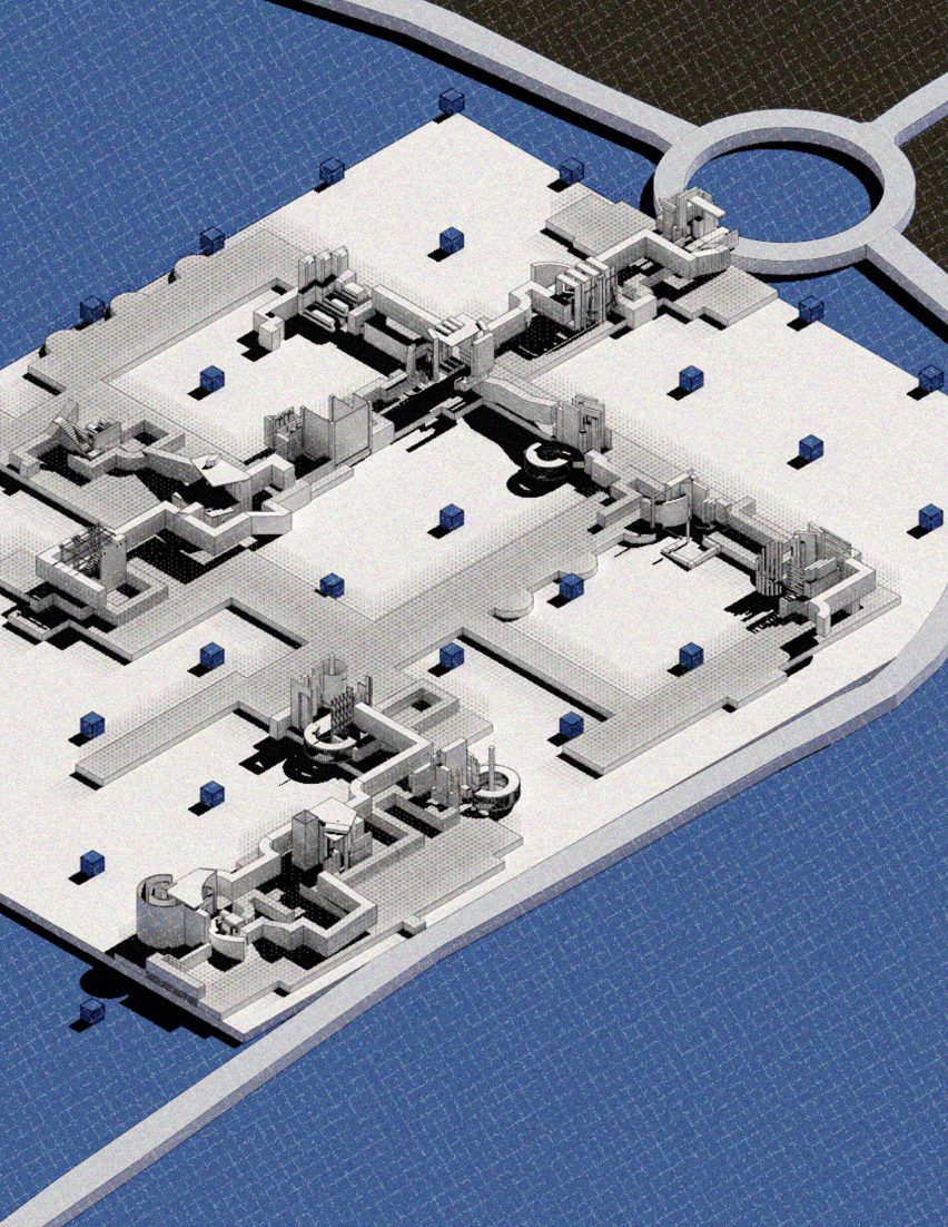 Visualisation showing layout of spaces from above surrounded by blue
