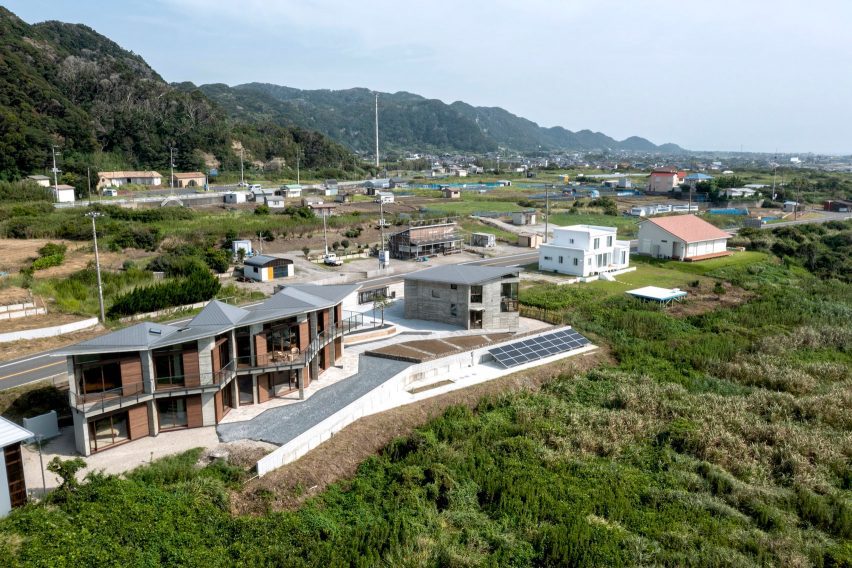 Aerial view of coastal Japanese houses