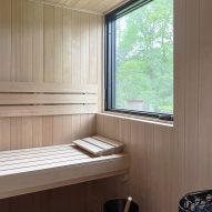 Interior of a wooden home sauna