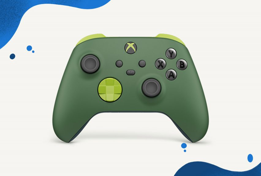 Image of the front view of the Xbox Remix controller in forest green with bright green D-pad and Xbox button