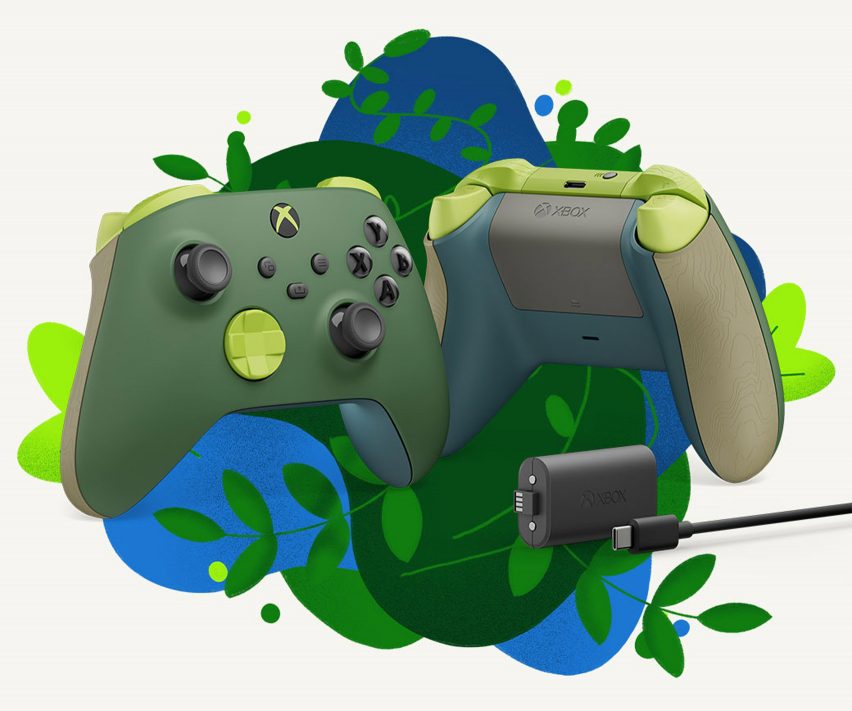 Image of two Xbox Remix controllers, one from the front one from the back, showing different components made in different shades of green