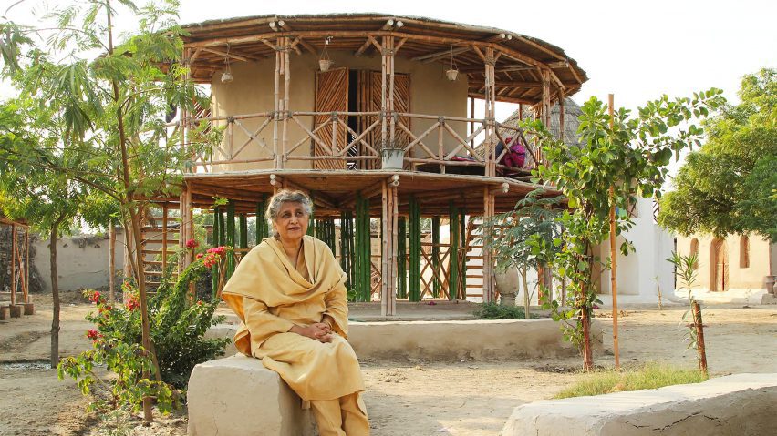 Yasmeen Lari sat in front of the Women's Centre bamboo circular building