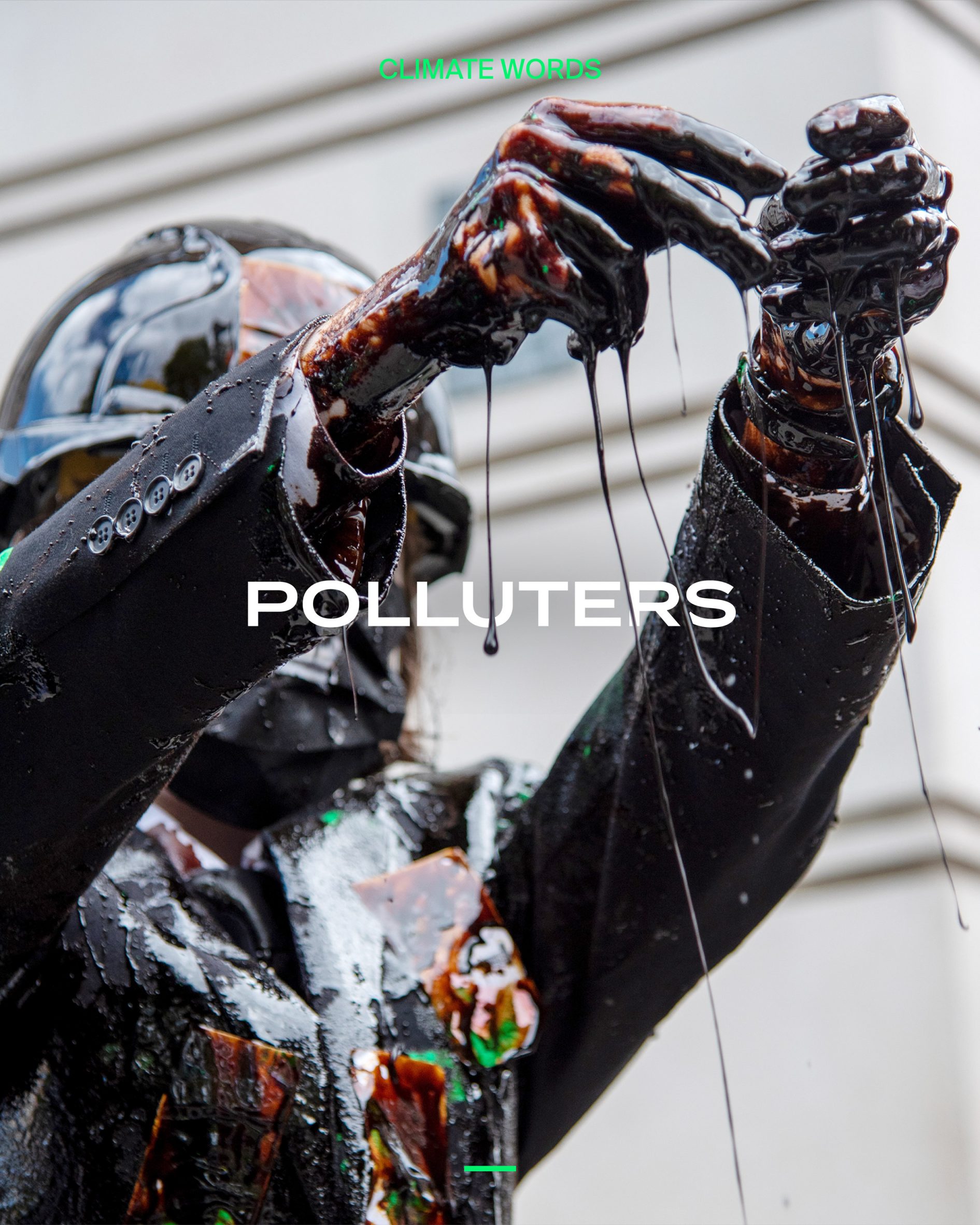 Man covered with oil with graphic saying polluter