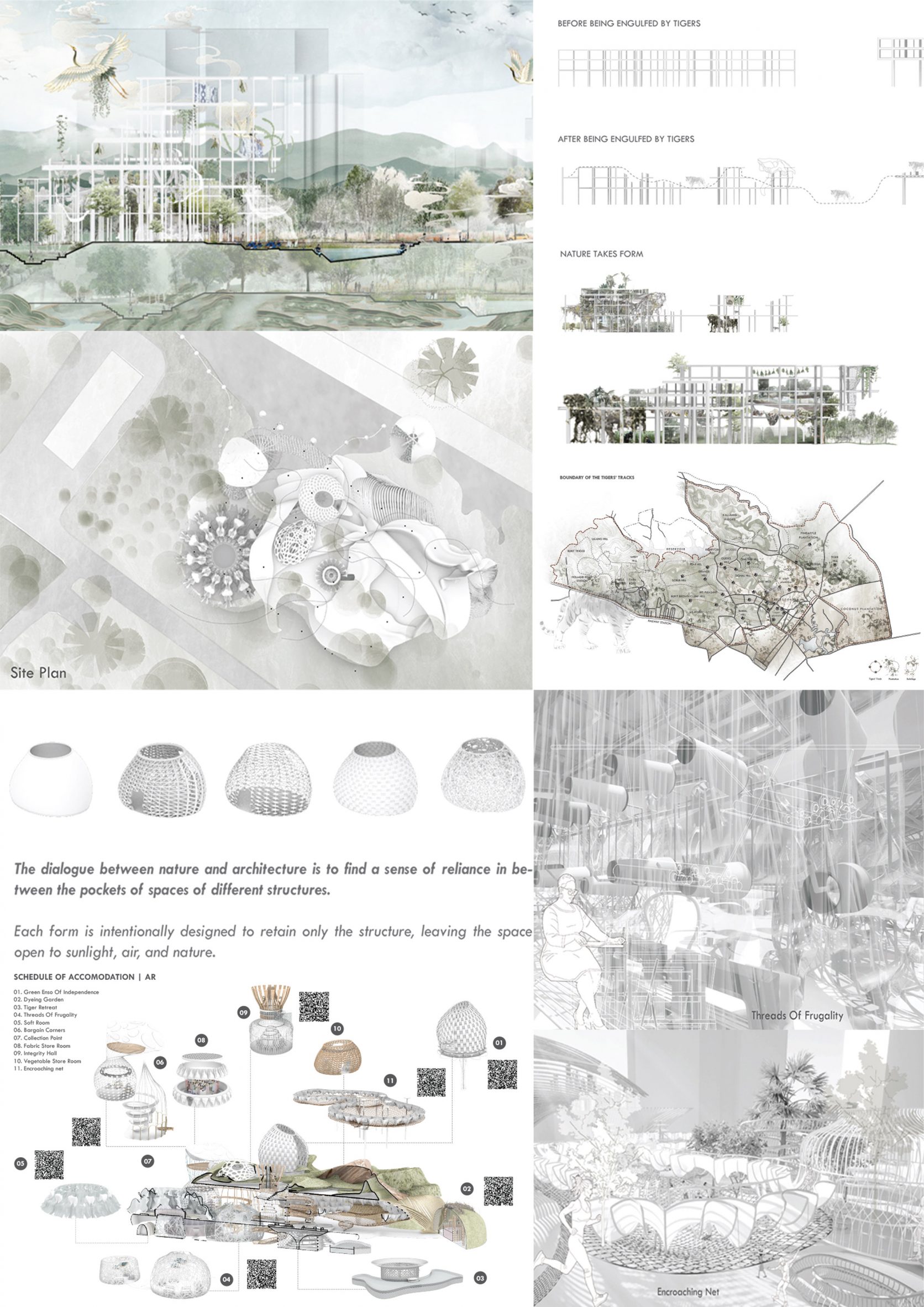 A series of grey and green graphics showing the reinterpretation of an urban ecosystem