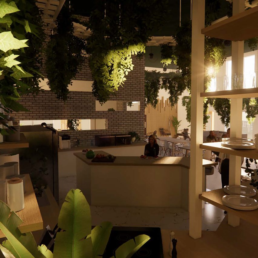 A render of a co-working space with plants and wooden interiors
