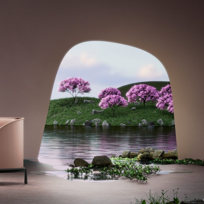 Render of an archway overlooking water and plants