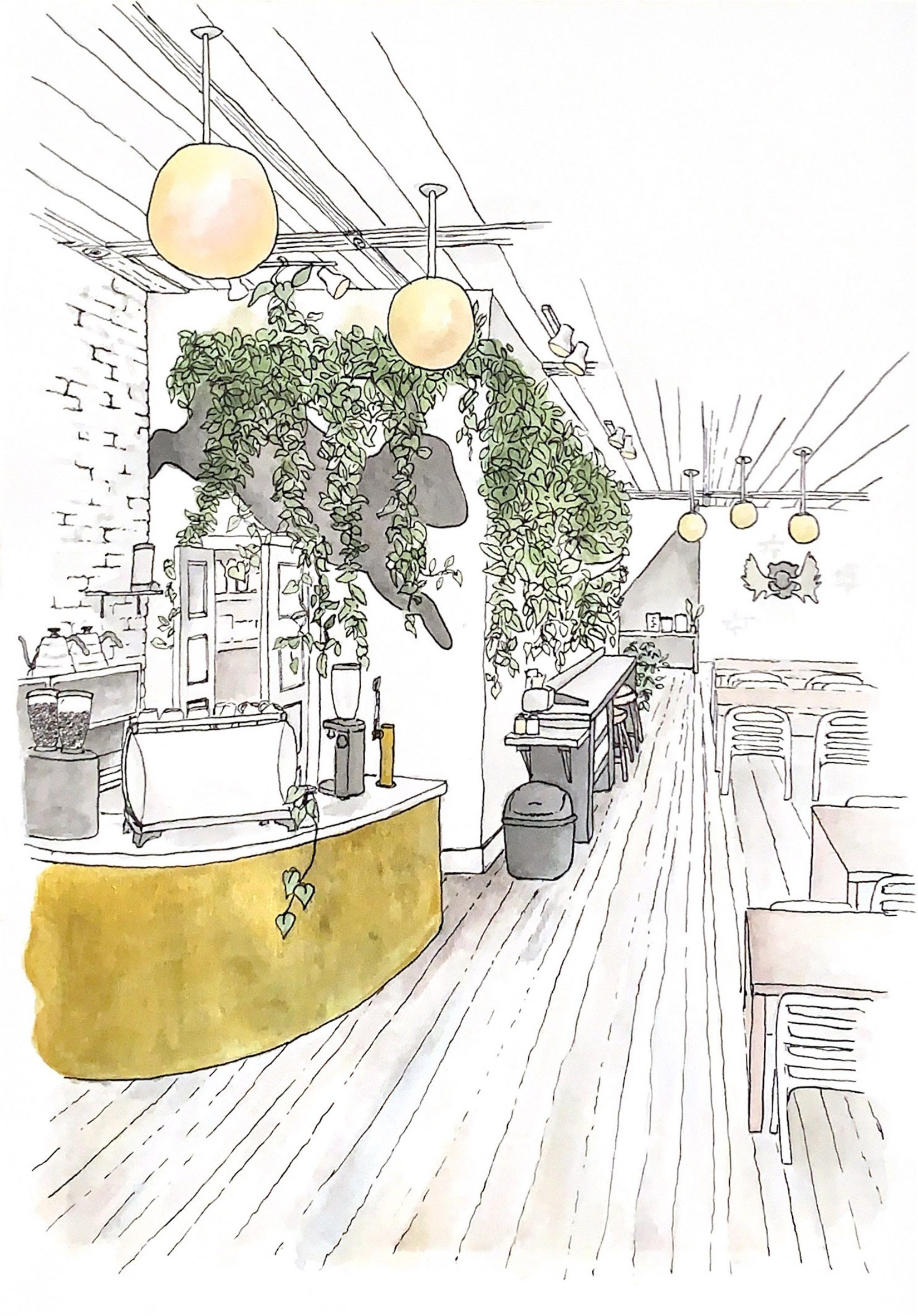 Illustration of a coffee shop with hanging plants