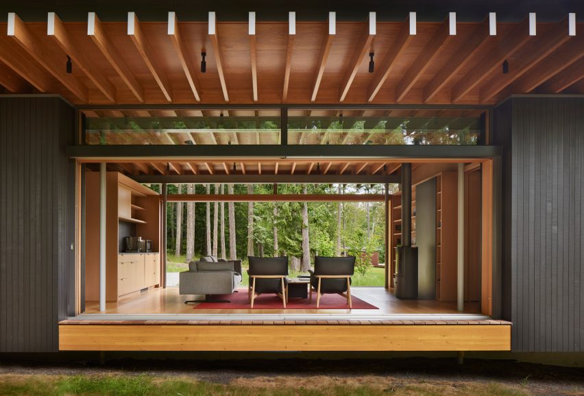 Interior shot of Douglas fir and cedar-clad guesthouse