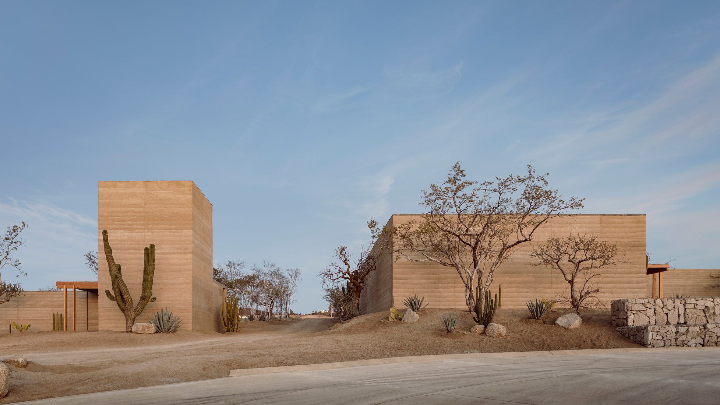 Rammed earth rectilinear walls at Cabo Sports Complex