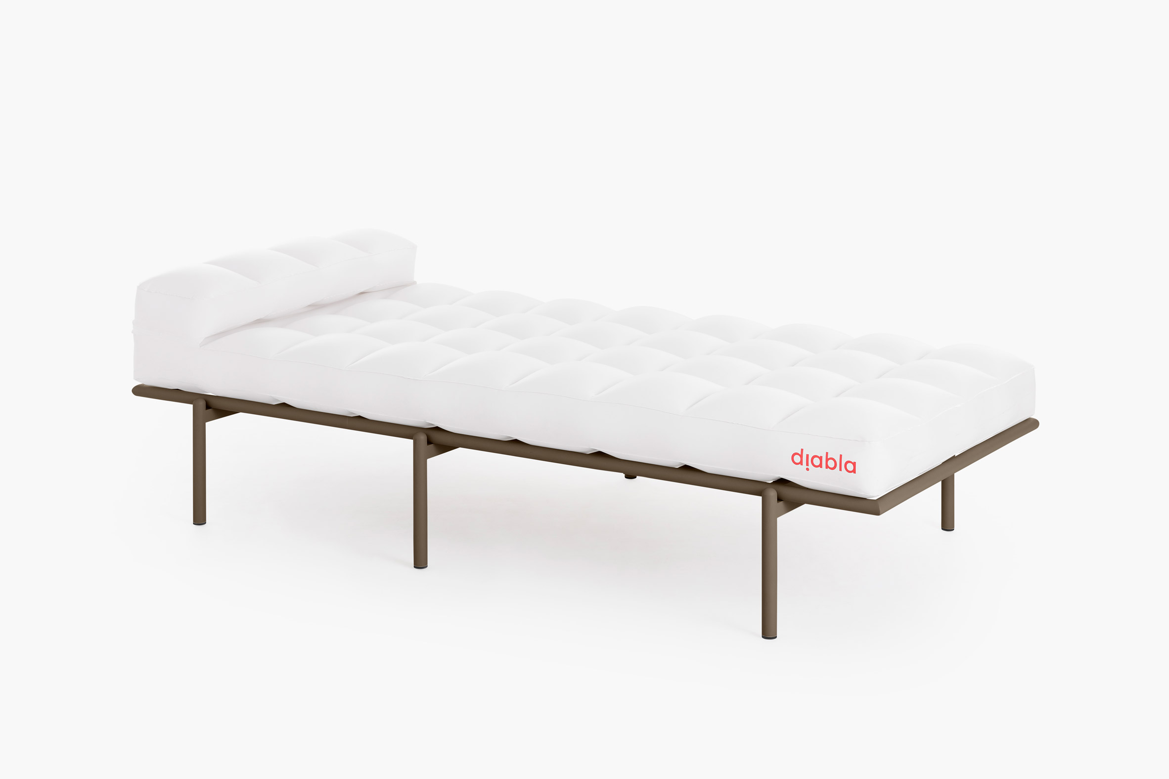 White day bed with brown frame on white backdrop