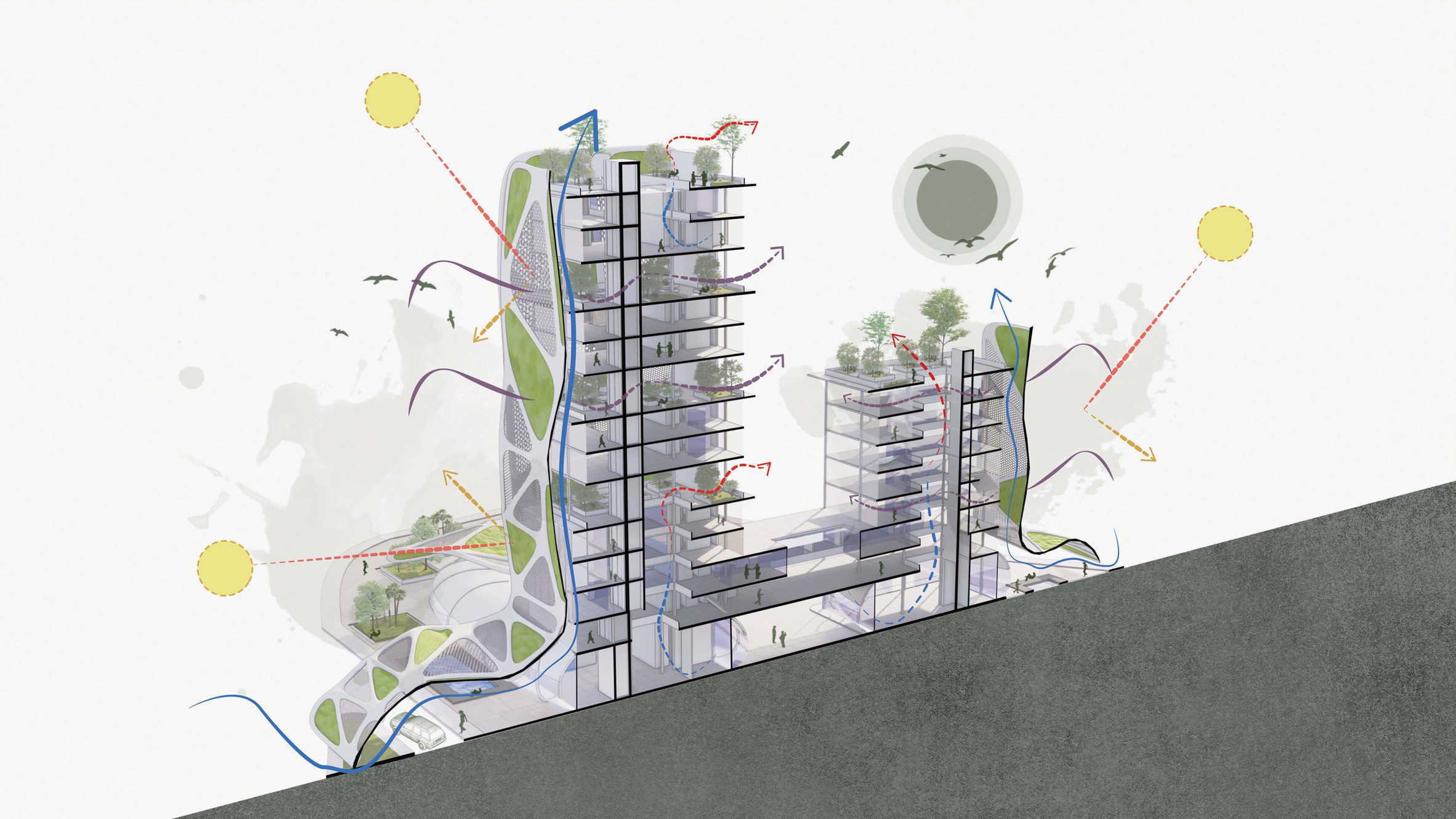 Sectional drawing/view of high-rise building with plants attached to the exterior