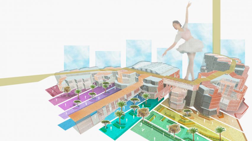 Illustration showing colourful arts centre with ballet dancer imposed over the top