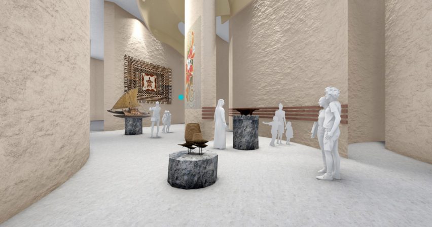 Representación que muestra el interior del espacio de la galería con artefactos en paredes y zócalos