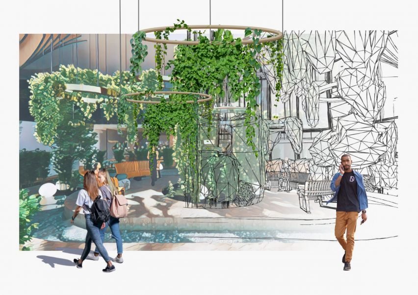 Illustrative depiction of space with lots of hanging plants and users