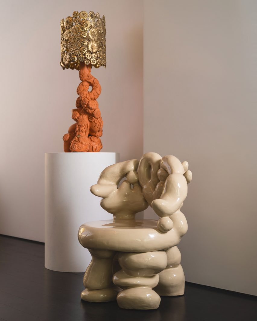 Bubbly seat and terracotta lamp by Chris Wolston