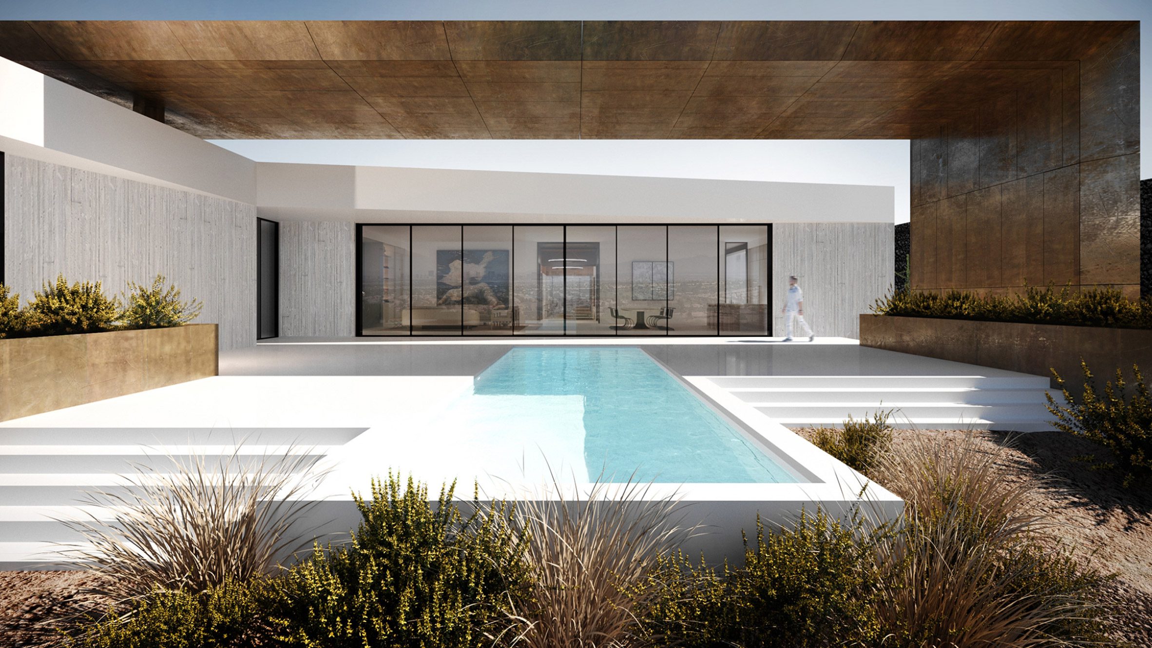 Rectilinear swimming pool at house in the desert