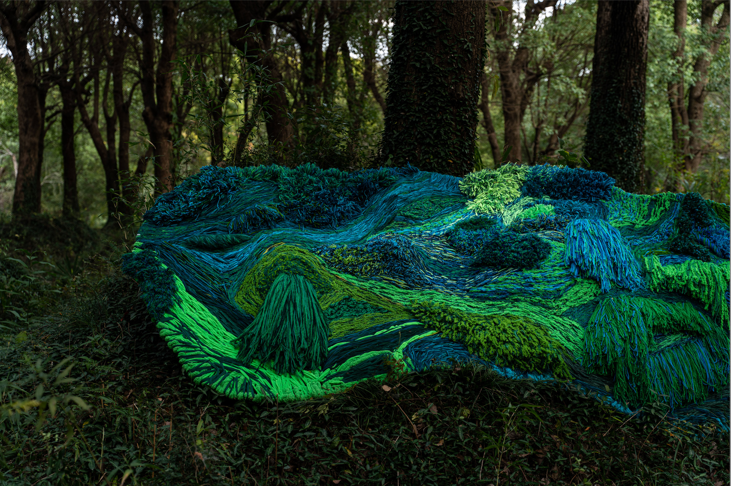 Photo of a green and blue woven design installation on a forest floor