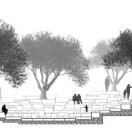 Section drawing of a stepped pavilion at Meles Zenawi Memorial Park in Ethiopia by Studio Other Spaces