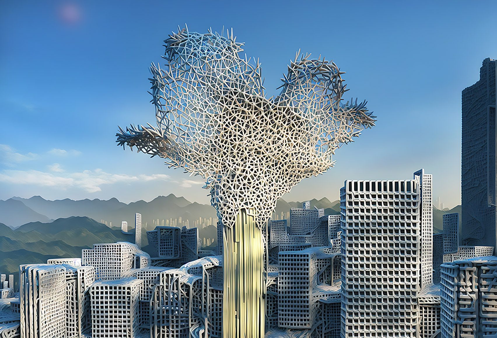 Still from EcoLogicStudio's AI-generated video showing possibilities for future climate-neutral architecture
