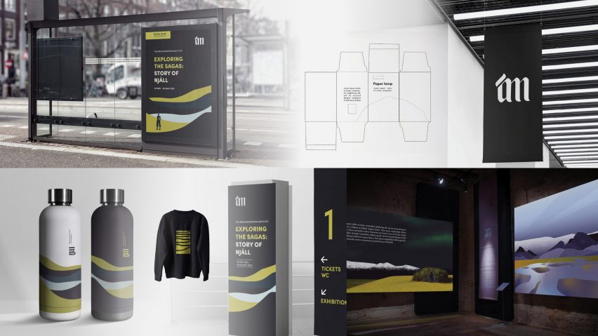 Collage showing a graphic rebrand of an Icelandic museum