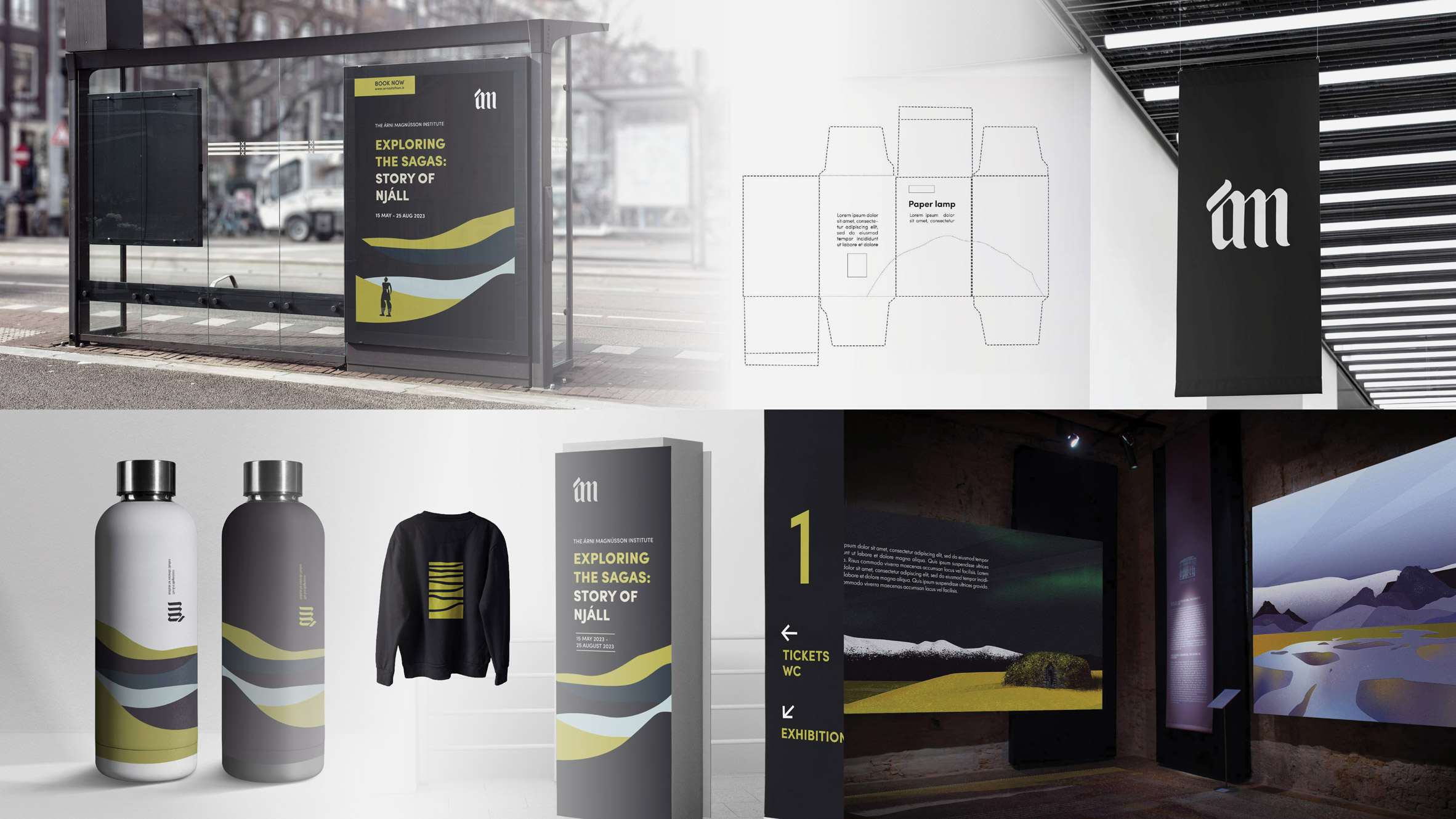 Collage showing a graphic rebrand of an Icelandic museum