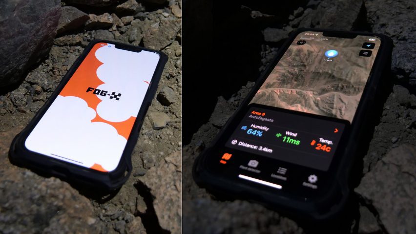 Composite photo of two mobile phone screens, one showing the Fog-X logo and the other showing a topographic map with humidity, wind speed and temperature indicators for a particular highlighted area