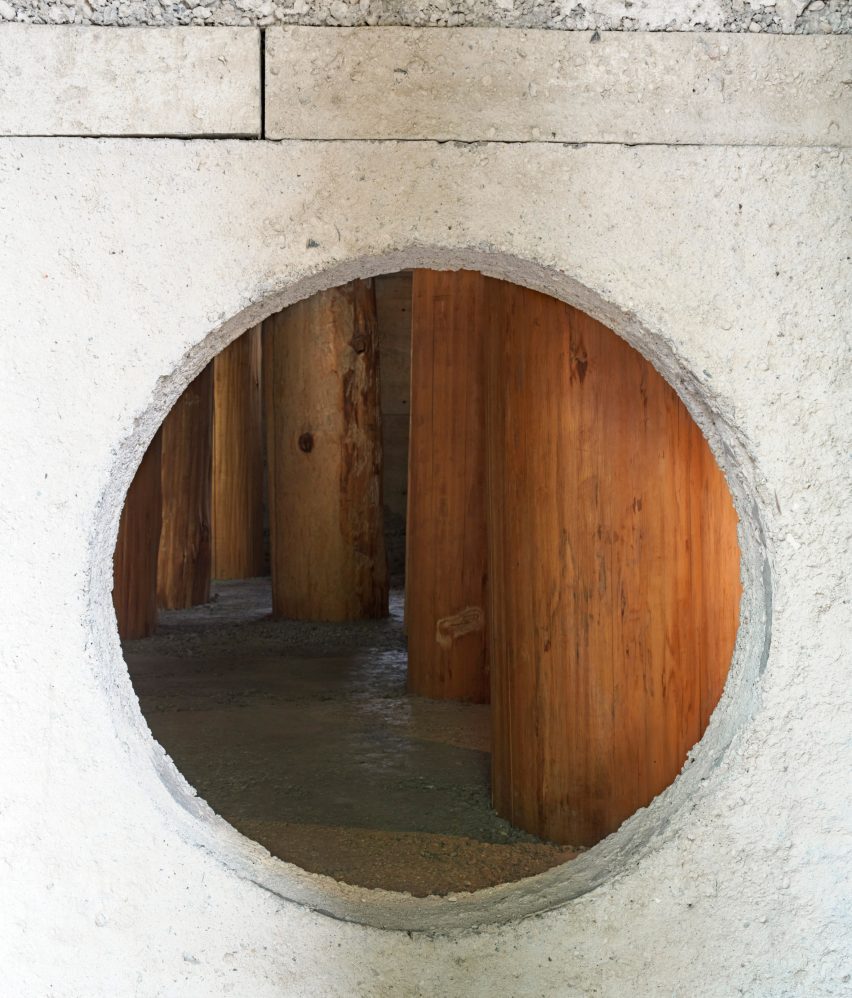Concrete wall inside Forest Office by Tomoaki Uno Architects