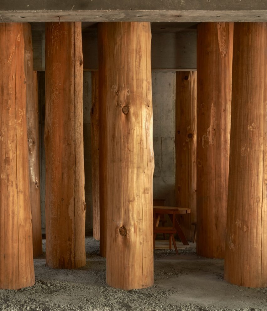 Japanese workspace filled with tree trunks