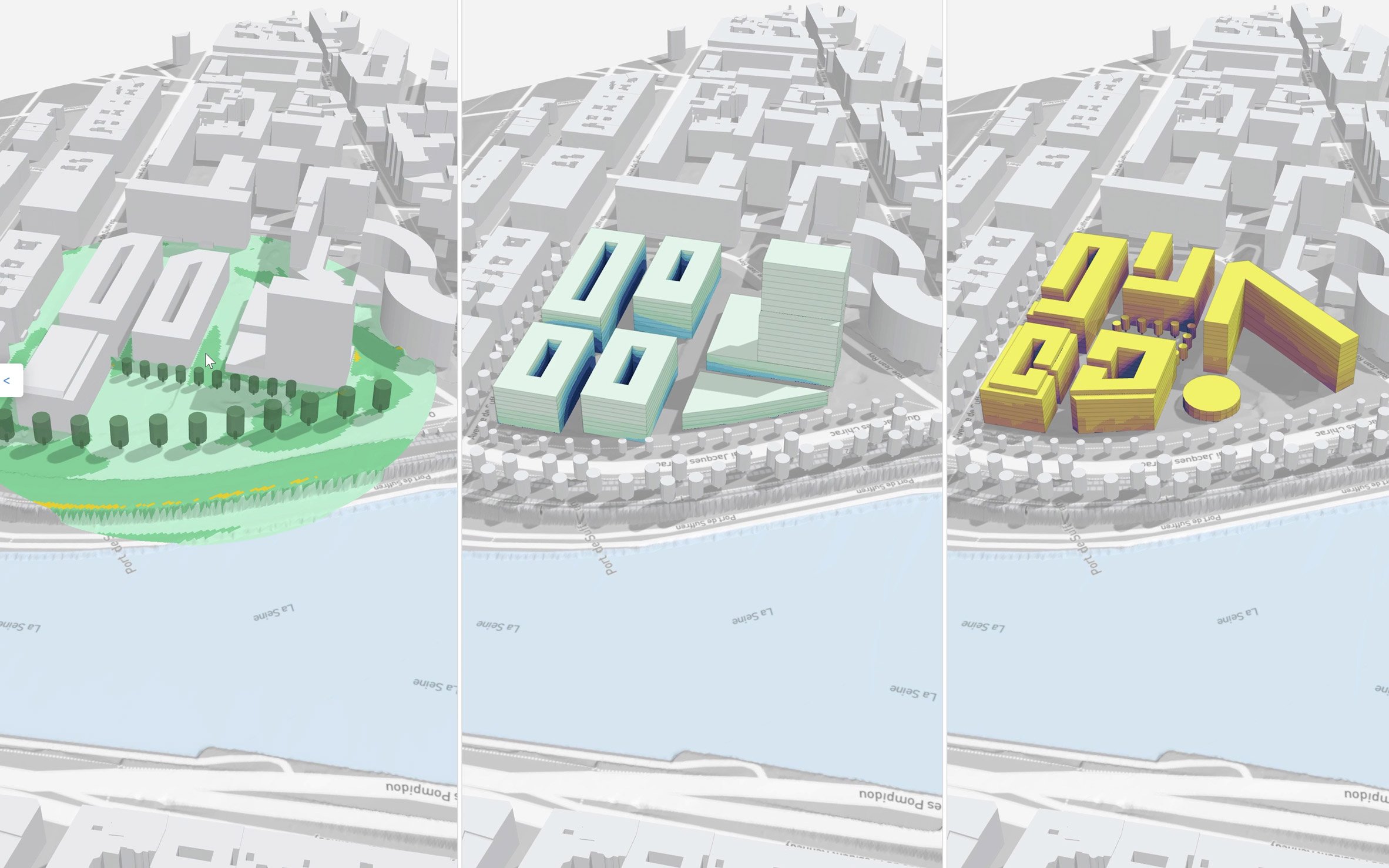 Screenshot of Autodesk's Forma software showing a comparison of three designs on the same site on the River Seine