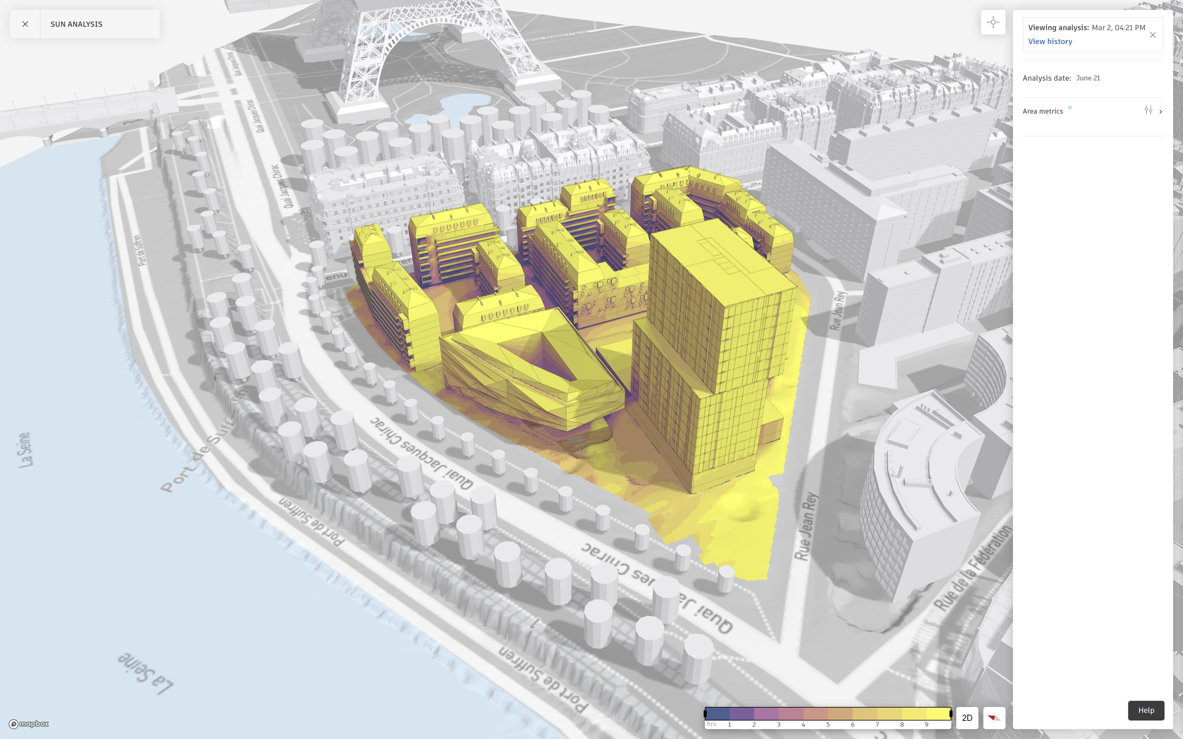 Screenshot of Autodesk's Forma software showing an analysis of a building with area metrics