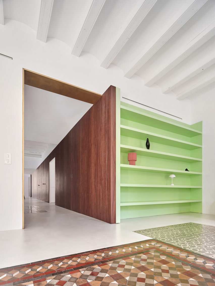 Living room interior of Girona Street apartment in Barcelona, designed by Raúl Sanchez Architects