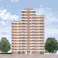 Rendered elevation of the exterior of Brook House women's social housing by Grid Architects