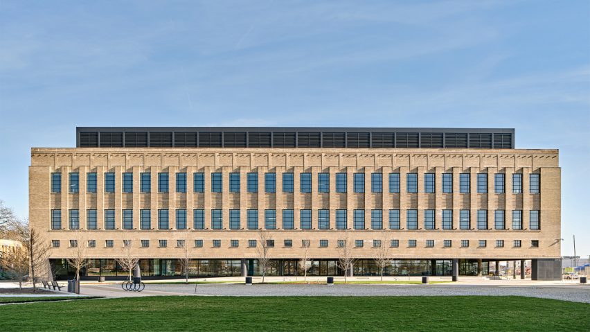 Exterior of the Book Depository building transformed by Gensler for the Newlab Detroit headquarters