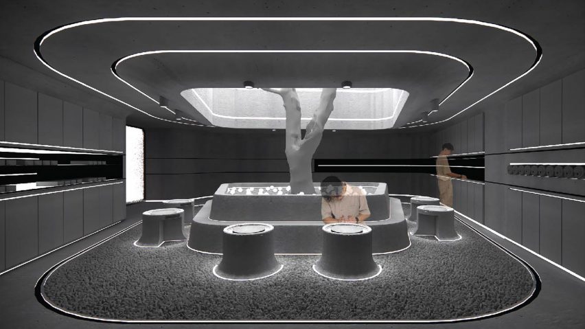 Render of a grey interior pottery space with a skylight