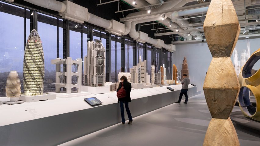 Models of Norman Foster's buildings on display at his exhibition at the Centre Pompidou