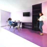 Purple and white meeting space at The Alvarado by Kadre Architects