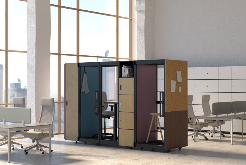 Office booths in high-ceilinged workplace