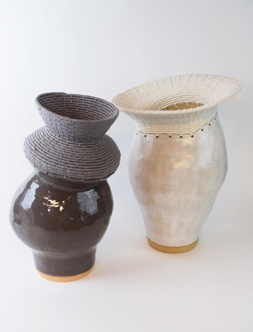 Vases made from both woven and shiny materials