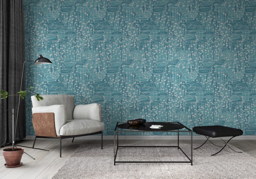 Living area with blue wallpaper