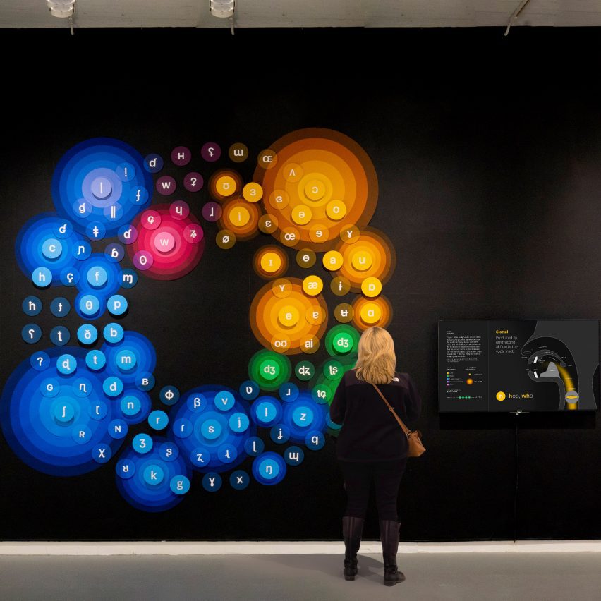 Gallery with light-up circular arrangement on wall