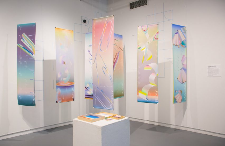 Gallery with exhibition of pastel-coloured fabrics