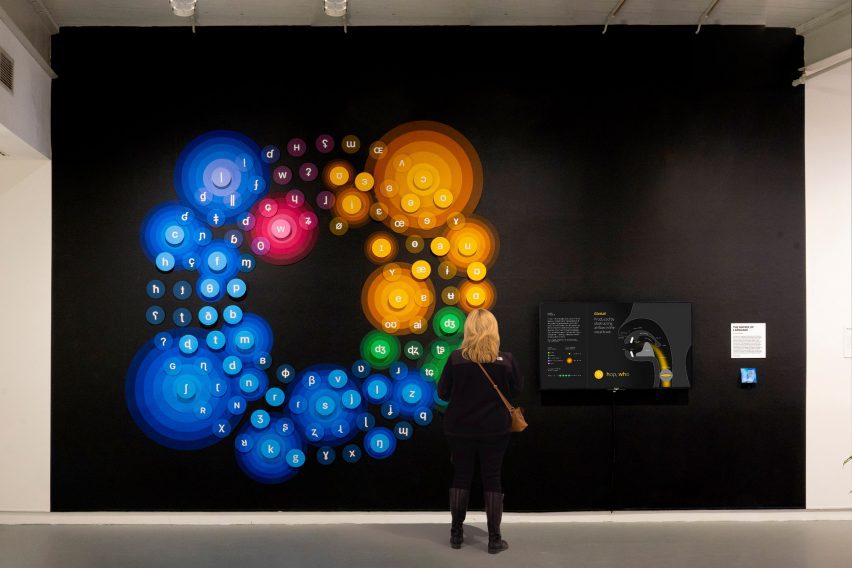 Gallery with colourful circular arrangement on dark wall