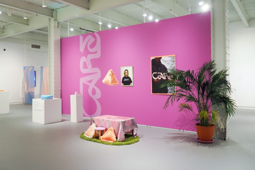 Gallery with pink wall and plant in front of it