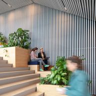 Wooden staircase with built-in seating and plants