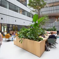 Atrium space at Matrix One by MVRDV with wooden planters