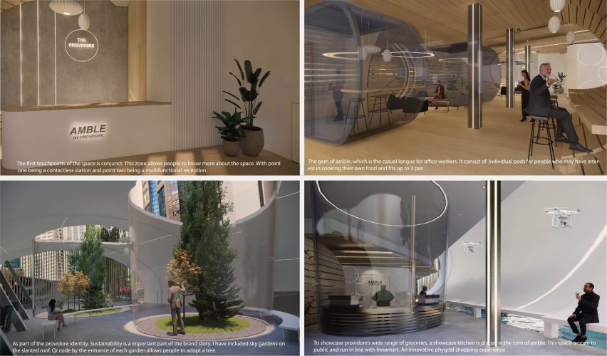 Four renders of a of a healing therapy space by a student at Nanyang Polytechnic