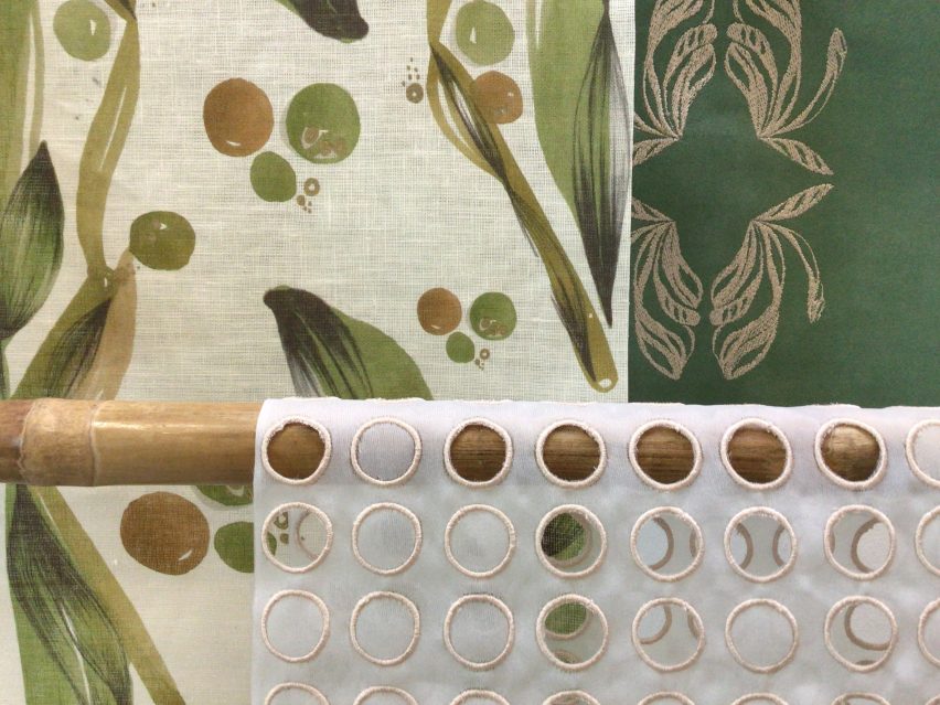 Close up showing green patterned materials