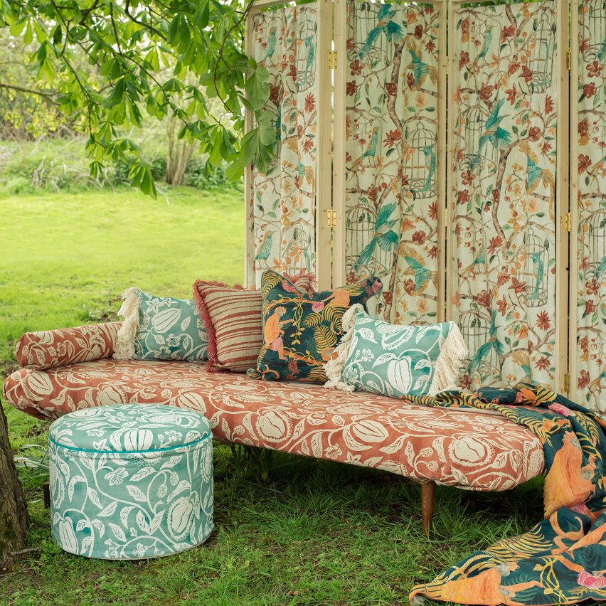 Chaise lounge, stool and curtain upholstered in ornate fabrics